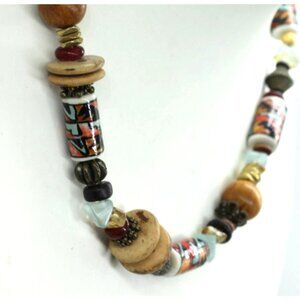 VINTAGE Native Tribal hand painted beads, gemstones NECKLACE silver alloy clasp